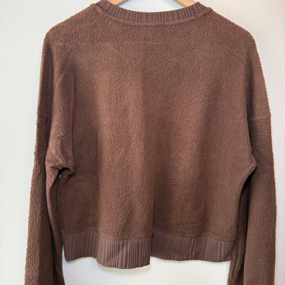 Auden Women's Textured Fleece Cropped Sweatshirt Brown Relaxed Crew Neck Medium - Picture 6 of 6